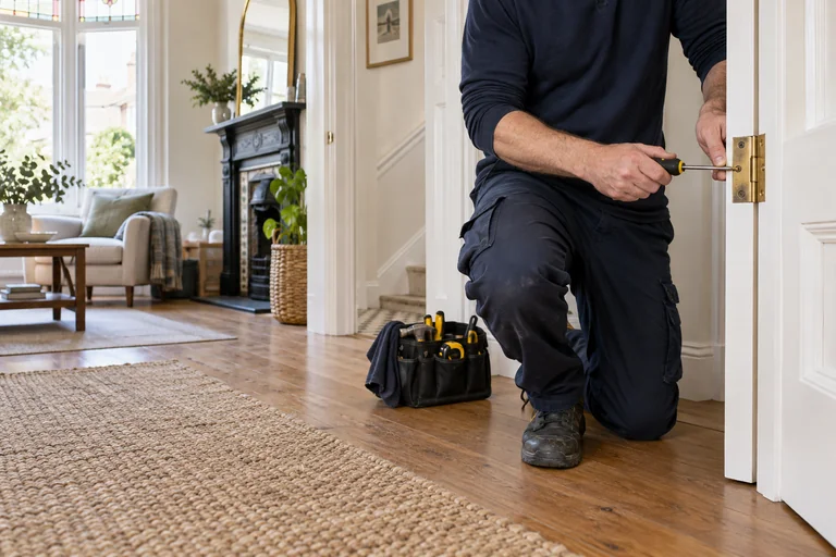 Tradesperson adjusting a timber door hinge in a period home.